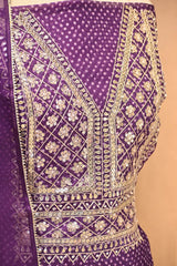 Deep Purple Organza Silk Unstitched Suit Set with Bandhani Print