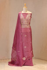 Onion Pink Organza Silk Unstitched Suit Set with Bandhani Print