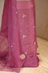 Onion Pink Organza Silk Unstitched Suit Set with Bandhani Print