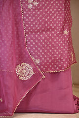 Onion Pink Organza Silk Unstitched Suit Set with Bandhani Print
