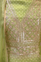 Light Green Organza Silk Unstitched Suit Set with Bandhani Print