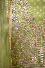 Light Green Organza Silk Unstitched Suit Set with Bandhani Print