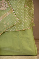 Light Green Organza Silk Unstitched Suit Set with Bandhani Print