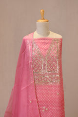 Pink Organza Silk Unstitched Suit Set with Bandhani Print