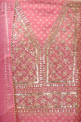 Pink Organza Silk Unstitched Suit Set with Bandhani Print