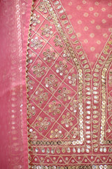Pink Organza Silk Unstitched Suit Set with Bandhani Print