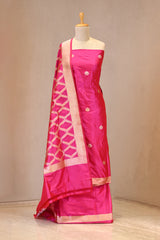 Bright Pink Katan Silk Two Piece Suit Set with Gold Zari Floral