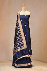 Navy Blue Katan Silk Two Piece Suit Set with Gold Zari Floral