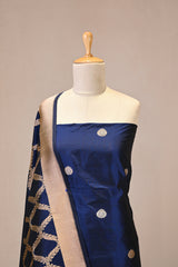 Navy Blue Katan Silk Two Piece Suit Set with Gold Zari Floral