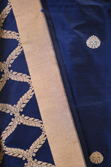 Navy Blue Katan Silk Two Piece Suit Set with Gold Zari Floral