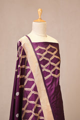 Deep Wine Katan Silk Unstitched Suit Set with Gold Zari Floral