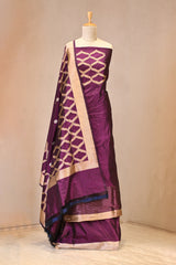 Deep Wine Katan Silk Three Piece Suit Set with Gold Zari Floral