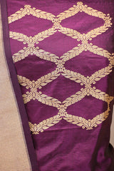 Deep Wine Katan Silk Unstitched Suit Set with Gold Zari Floral