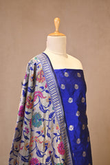 Royal Blue Katan Silk Unstitched Suit Set with Water Gold Zari