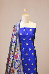 Royal Blue Katan Silk Unstitched Suit Set with Water Gold Zari