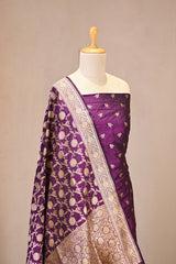 Wine Katan Silk Unstitched Suit Set with Gold Zari Floral Buti