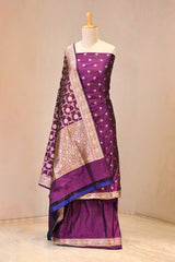 Wine Katan Silk Unstitched Suit Set with Gold Zari Floral Buti