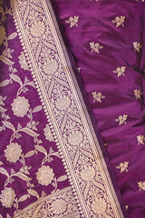 Wine Katan Silk Unstitched Suit Set with Gold Zari Floral Buti