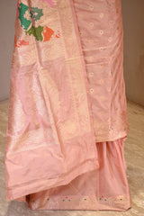 Light Peach Katan Silk Three Piece Suit Set with Meenakari Buta