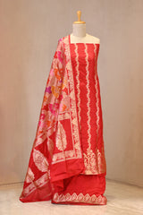 Red Katan Silk Unstitched Suit Set with Rangkat Dupatta