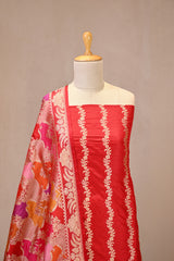 Red Katan Silk Unstitched Suit Set with Rangkat Dupatta