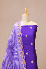 Purple Banarasi Silk Unstitched Suit Set with Shibori Organza Dupatta