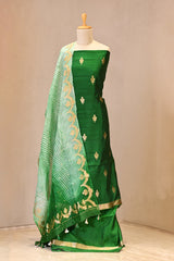 Green Banarasi Silk Unstitched Suit Set with Organza Shibori Dupatta