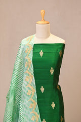 Green Banarasi Silk Unstitched Suit Set with Organza Shibori Dupatta
