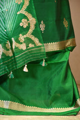 Green Banarasi Silk Unstitched Suit Set with Organza Shibori Dupatta