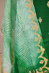 Green Banarasi Silk Unstitched Suit Set with Organza Shibori Dupatta