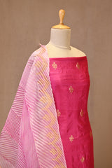 Pink Banarasi Silk Unstitched Suit Set with Organza Shibori Dupatta