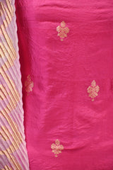 Pink Banarasi Silk Unstitched Suit Set with Organza Shibori Dupatta