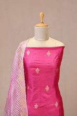 Pink Banarasi Silk Unstitched Suit Set with Organza Shibori Dupatta