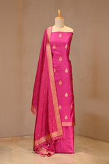 Pink Banarasi Silk Three Piece Suit Set with Gold Zari Buta
