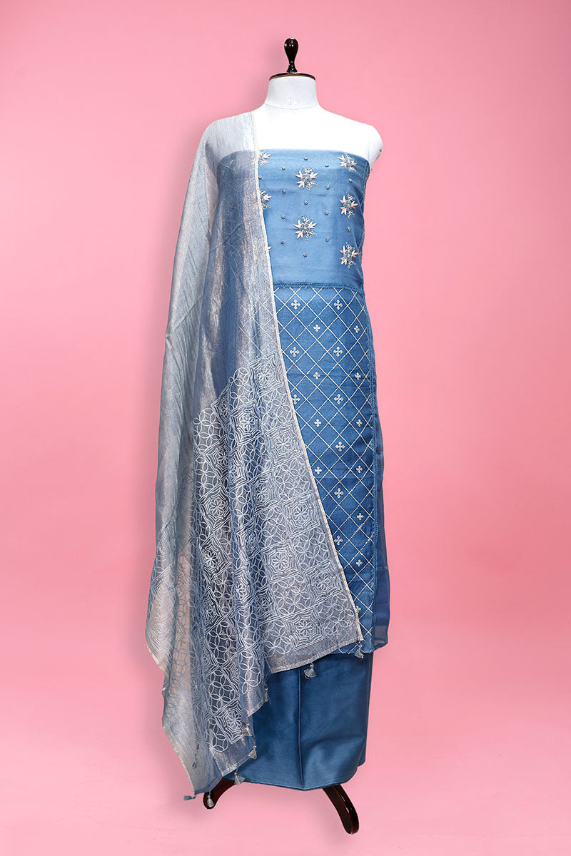 Azure Blue Embellished Organza Silk Dress Material