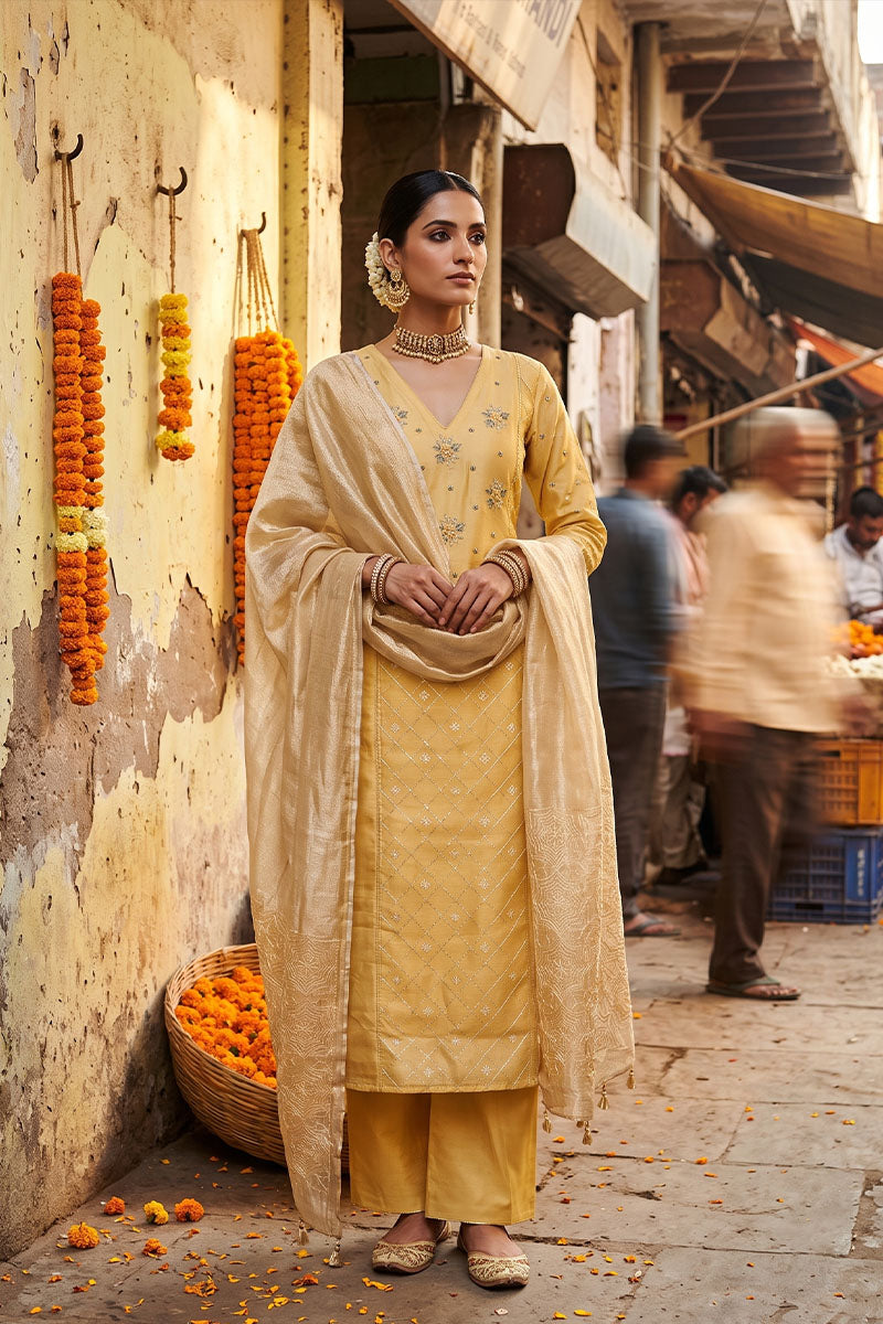 Lemon Yellow Embellished Organza Silk Dress Material