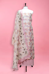 Cherry Blossom Pink Geometrical Printed Organza Silk Dress Material for Festivals/Wedding Wear