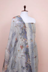 Cloud Grey Floral Printed Organza Silk Dress Material - Chinaya Banaras