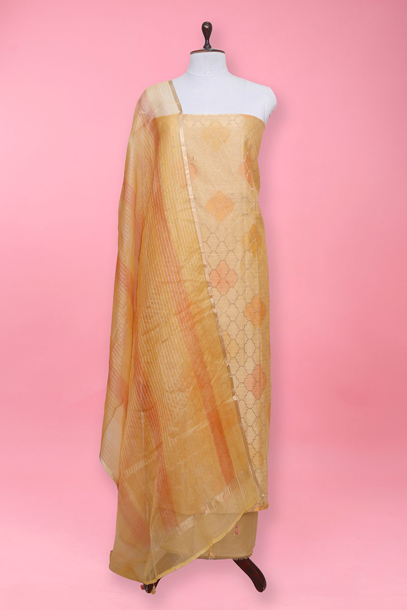 Yellow - Handloom Zari Buti Chanderi Silk 2pc Unstitched Dress Material 22