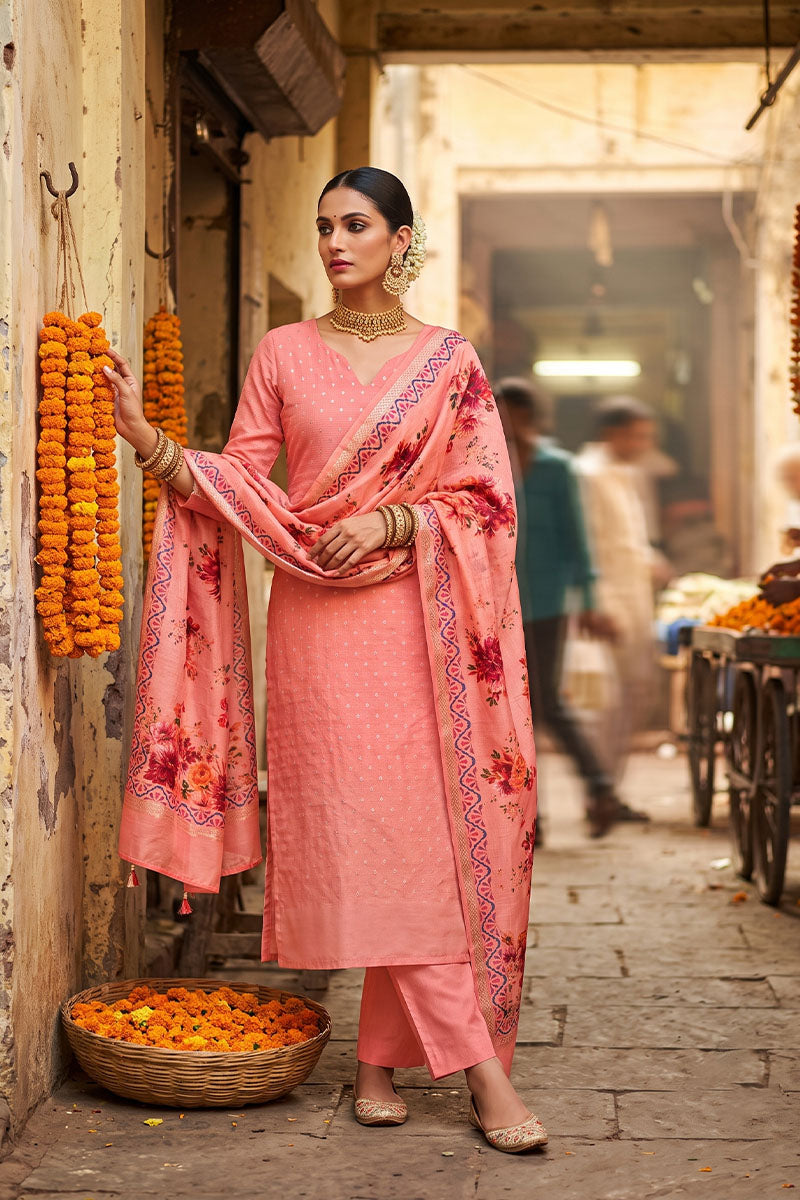 Peach Digital Printed Chanderi Silk Dress Material