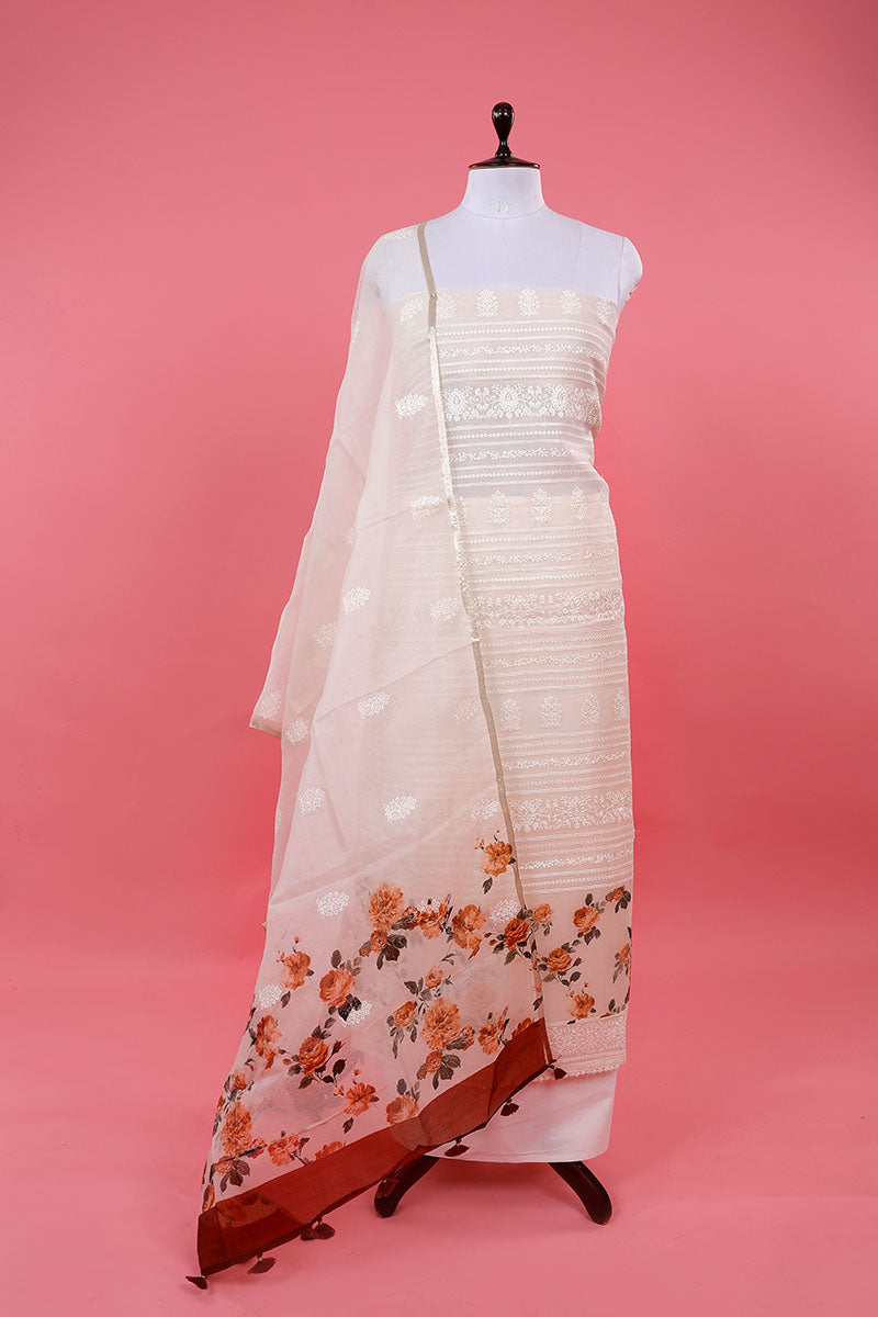White - 2pc Organza Silk Unstitched Hand Beads Work Heavy Chikankari Dress Material 34