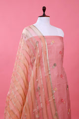 Coral Peach Embellished Organza Silk Dress Material - Chinaya Banaras