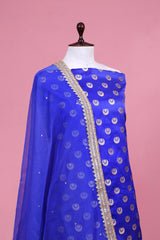 Royal Blue Satin Silk Suit Piece with Embellished Organza Dupatta