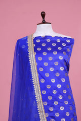 Royal Blue Satin Silk Suit Piece with Embellished Organza Dupatta