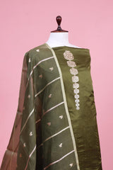 Olive Green Pure Silk Unstitched Salwar Suit Set with Organza Dupatta