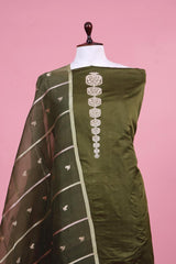 Olive Green Pure Silk Unstitched Salwar Suit Set with Organza Dupatta