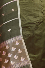 Olive Green Pure Silk Unstitched Salwar Suit Set with Organza Dupatta