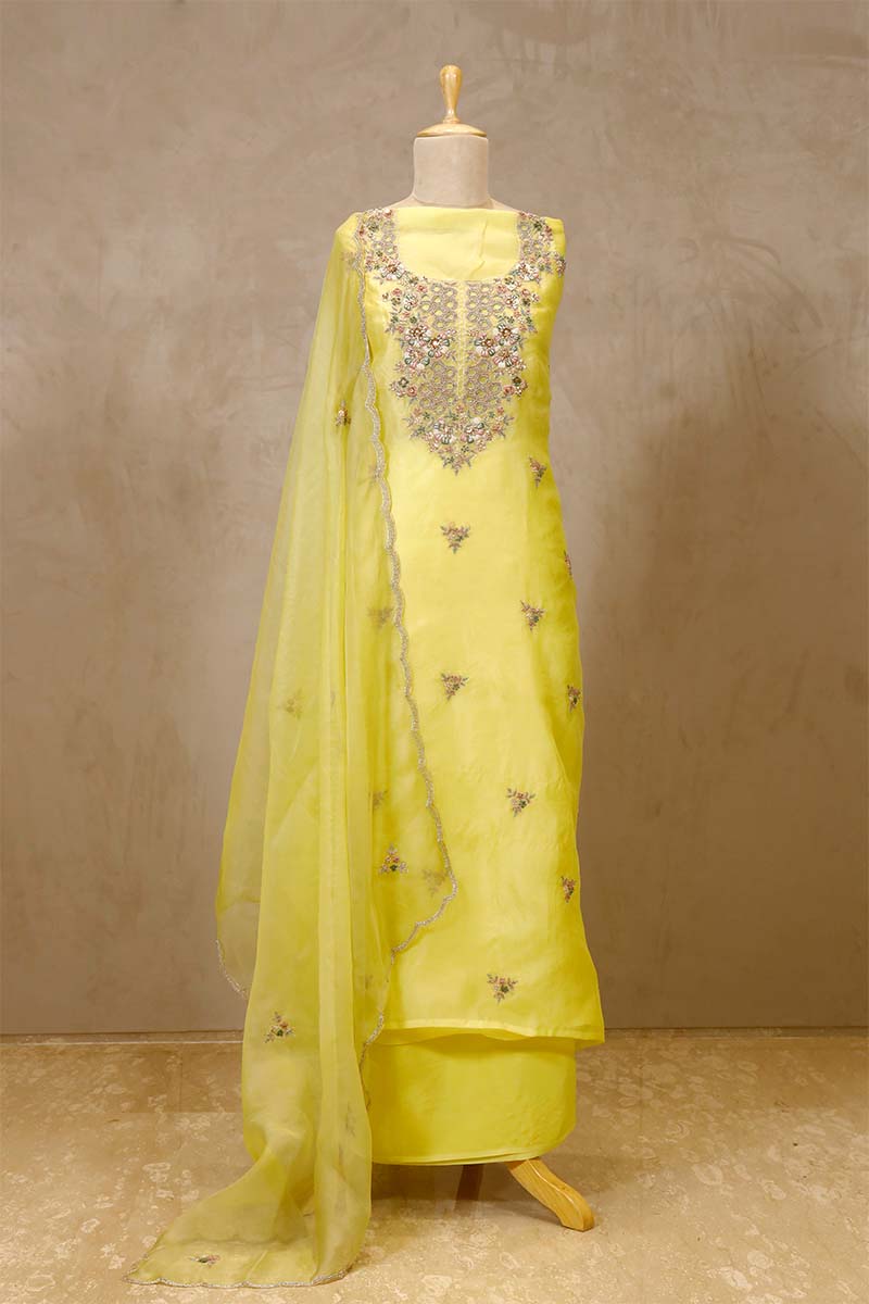 Sophisticated Yellow Organza Designer Party Wear Readymade Salwar Suit With Yellow Santoon