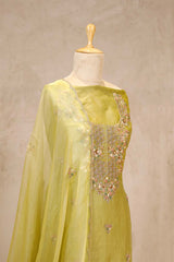 Olive Green Organza Salwar Suit with Floral Hand Embroidery