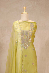 Olive Green Organza Salwar Suit with Floral Hand Embroidery